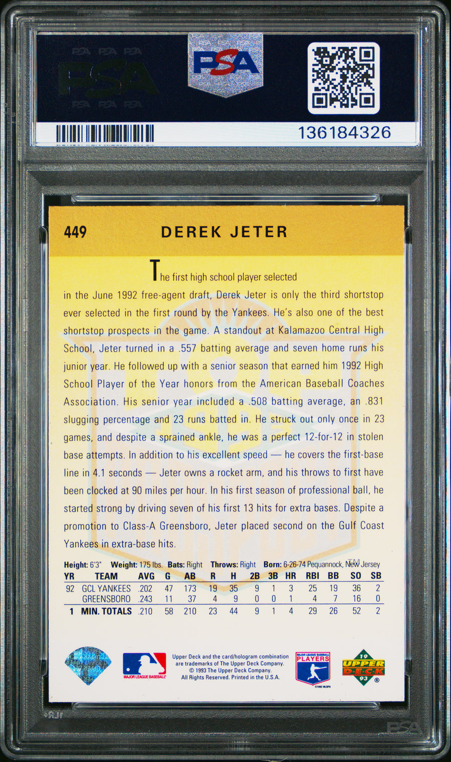 Derek Jeter Rookie #449 RC PSA 8 NM-MT | 1993 Upper Deck